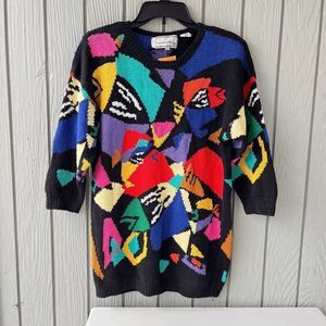 VTG Needleworks Hand Knit Abstract Art Sweater Bold Graphic SZ S